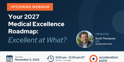 Scott Thompson's headshot appears on a navy upcoming-webinar graphic promoting a Nov 5 2027 Medical Excellence roadmap session.