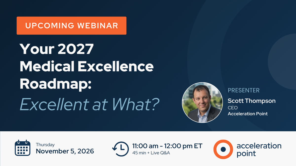 Scott Thompson's headshot appears on a navy upcoming-webinar graphic promoting a Nov 5 2027 Medical Excellence roadmap session.
