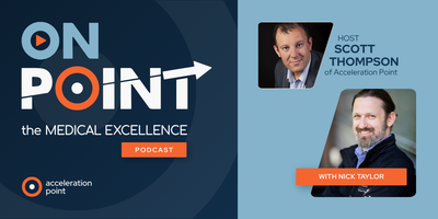 Headshots of host Scott Thompson and guest Nick Taylor (Gilead Sciences) appear on the OnPoint podcast graphic, representing enterprise AI adoption.