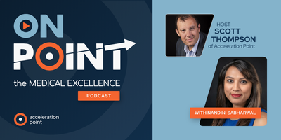 Professional headshots of host Scott Thompson and guest Nandini Sabharwal on the OnPoint Episode 23 graphic, framing AI skill-building for MSLs.