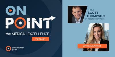 Headshots of host Scott Thompson and guest Dalila Masic on the branded OnPoint podcast graphic, framing a talk on AI in Medical Affairs.