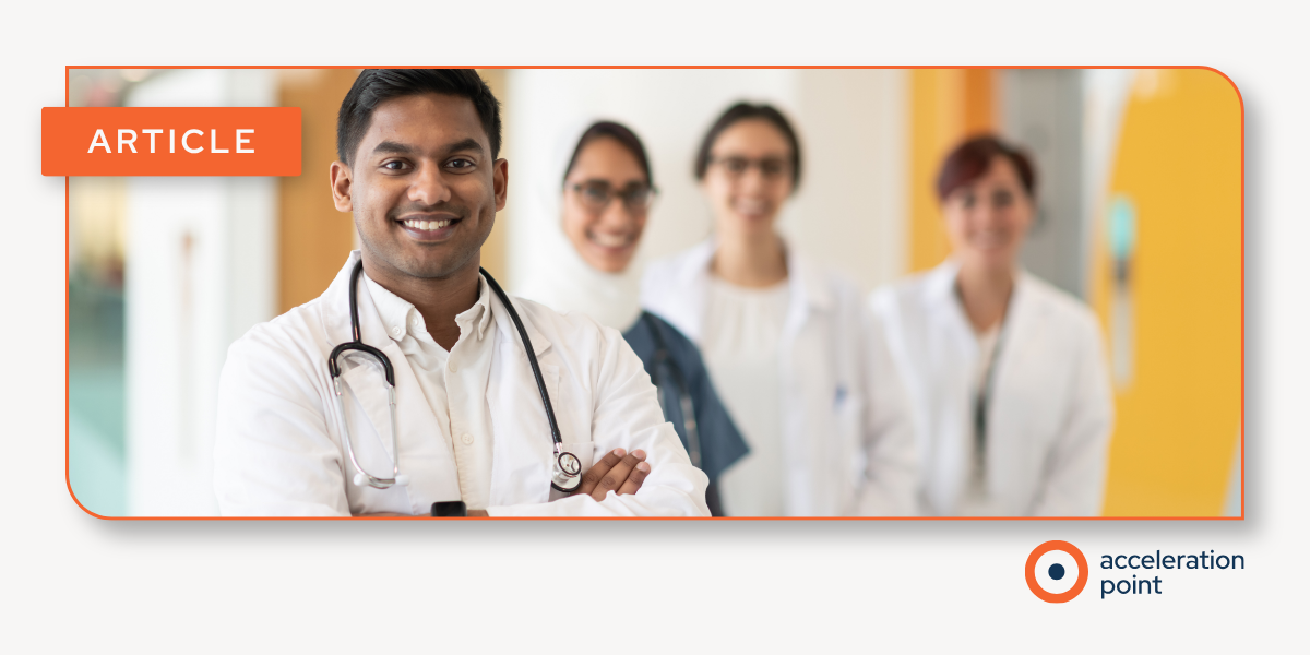 Physicians in white coats stand together in a clinical corridor, representing the Key Opinion Leaders Medical Affairs teams engage online.