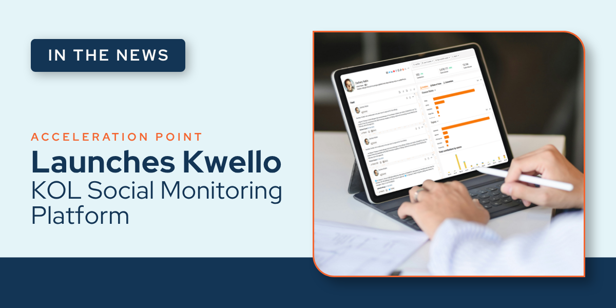 A branded graphic announcing the Kwello KOL Social Monitoring Platform launch, shown alongside a tablet displaying the Kwello interface with KOL profile data and analytics charts.