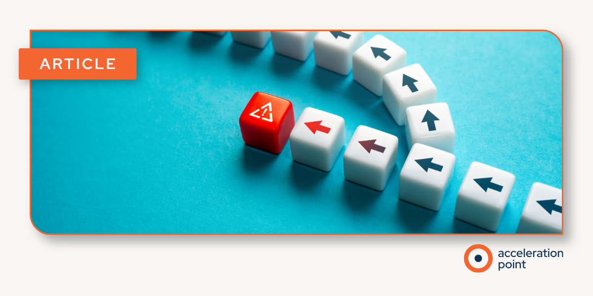 A red block leads a curve of white blocks marked with arrows, representing a new leader setting direction during a transition.