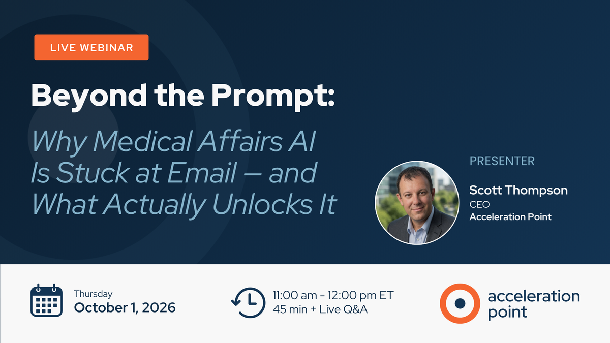Headshot of Scott Thompson on a navy branded webinar graphic promoting a session on unlocking AI in Medical Affairs beyond prompt training.