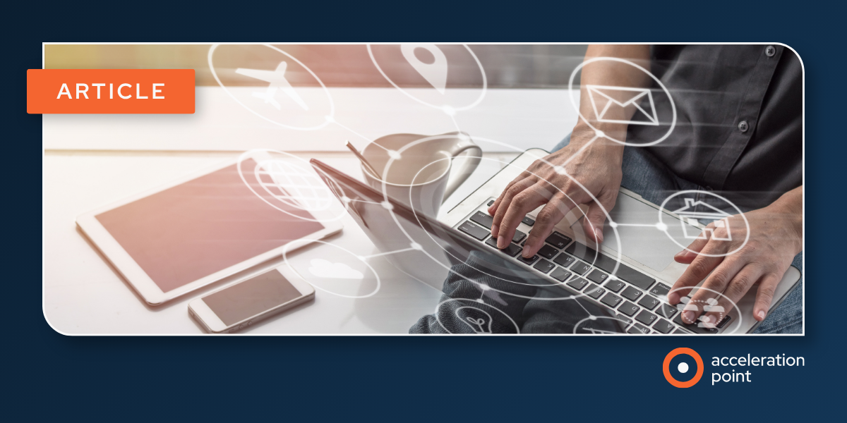 A branded AP article graphic showing a person at a laptop with a tablet and smartphone nearby, overlaid with digital communication icons representing connected engagement channels for Medical Affairs HCP outreach.