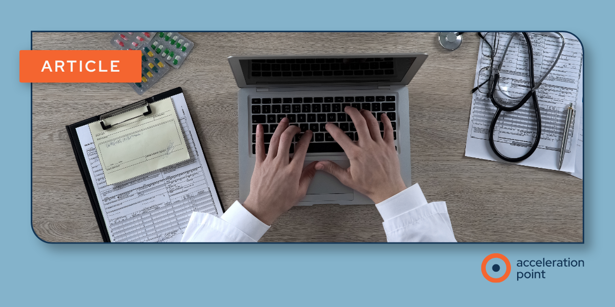 A physician in a white coat types on a laptop beside a stethoscope and clipboard, illustrating digital KOL engagement in Medical Affairs.