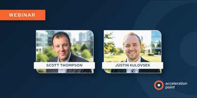 Side-by-side professional headshots of Scott Thompson and Justin Kulovsek on a dark blue branded webinar graphic from Acceleration Point. The image represents a practical guide for digital marketers navigating compliance, channel readiness, and campaign p