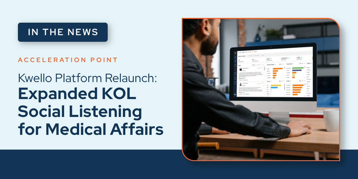 A professional reviews the Kwello dashboard on a monitor, representing the relaunched KOL social listening platform for Medical Affairs teams.