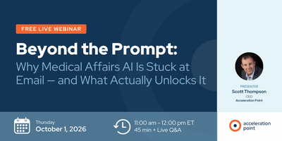 Scott Thompson's headshot on a navy branded webinar graphic promoting the Oct 1 session on operationalizing AI in Medical Affairs.