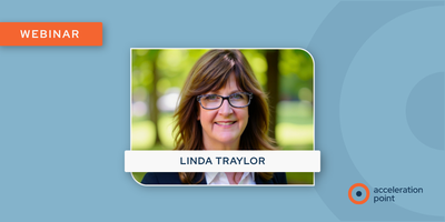 Professional headshot of Linda Traylor on a branded Acceleration Point webinar graphic. The image represents a practical session on strategic field medical leadership, capacity communication, and building a field engagement strategy for MSL Directors and