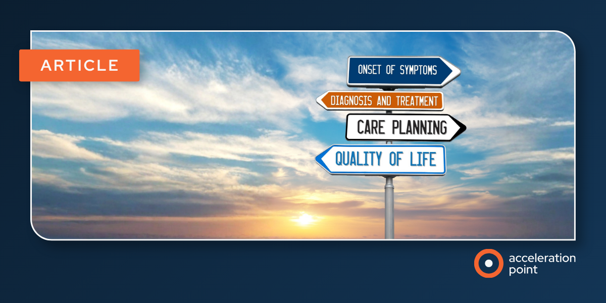 A signpost against a sunset sky points to patient journey stages, illustrating how social listening maps the Medical Affairs patient journey.