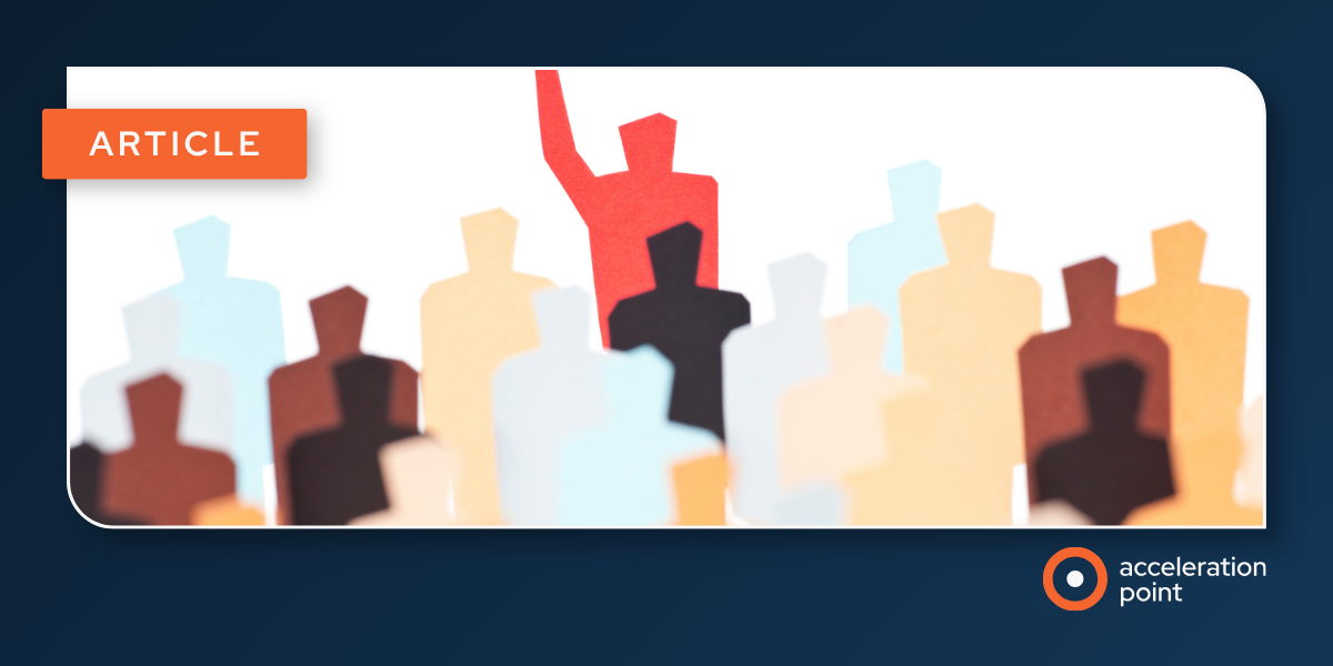 A red paper figure raises its arm above a crowd of silhouettes, evoking thought leader identification and engagement measurement in Medical Affairs.