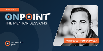A black-and-white headshot of Tom Caravela appears on the branded OnPoint Episode 02 graphic, framing this MSL talent and leadership conversation.