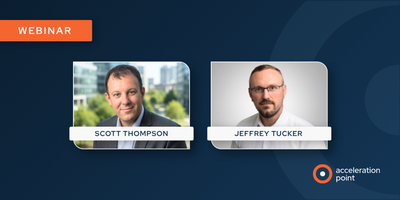 A dark navy blue webinar graphic featuring two professional headshots side by side -- Scott Thompson on the left and Jeffrey Tucker on the right -- with their names displayed in white text beneath each photo. The Acceleration Point logo appears in the low