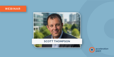 A professional headshot of Scott Thompson on a light blue branded webinar graphic from Acceleration Point. The image represents a practical webinar on the digital skills and capabilities MSLs and Field Medical teams need to thrive in an evolving scientifi