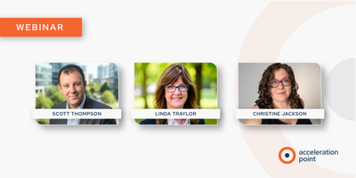 Three professional headshots of Scott Thompson, Linda Traylor, and Christine Jackson displayed side by side on a light blue branded webinar graphic from Acceleration Point. The image represents a practical webinar on capacity planning, effort modeling, an