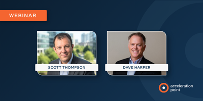 Side-by-side professional headshots of Scott Thompson and Dave Harper on a dark navy branded Acceleration Point webinar graphic. The image represents a practical webinar on AI-assisted insight generation and Medical Affairs strategy, featuring a real-worl