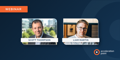 Side-by-side professional headshots of Scott Thompson and Liam Martin on a dark blue branded webinar graphic from Acceleration Point. The image represents a webinar on building high-performing distributed teams in Medical Affairs, covering async communica