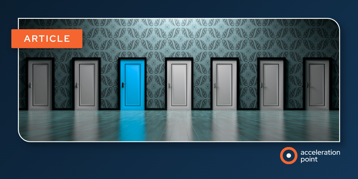A row of doors with one glowing blue, representing social media as a new channel for Medical Affairs KOL insights and Digital Opinion Leaders.