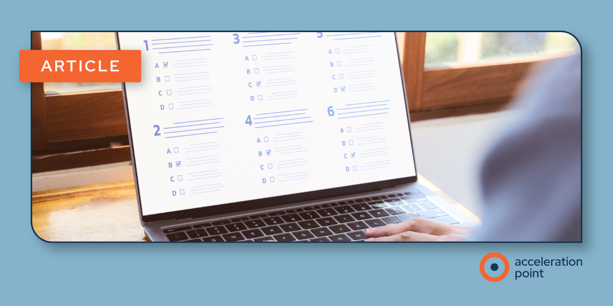 Hands complete a numbered multiple-choice checklist on a laptop, evoking the layered approval steps some teams apply to medical insight capture.
