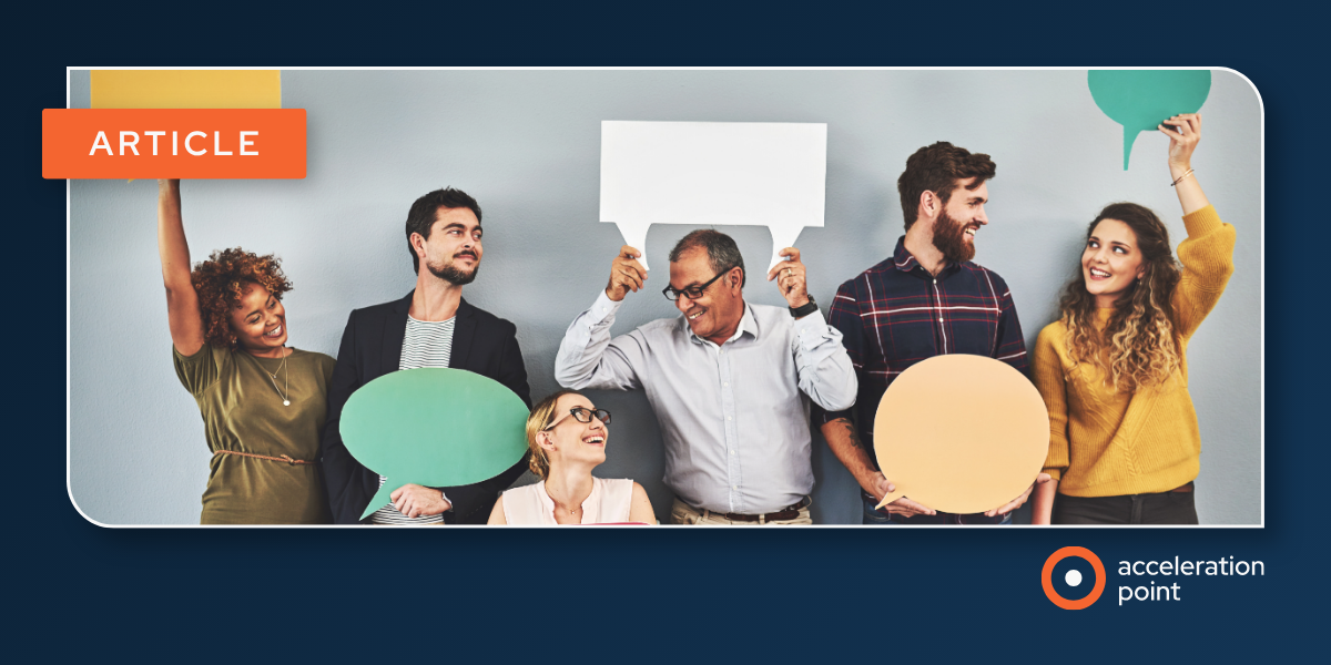 Six professionals hold colorful speech bubbles, evoking the digital voices that extend scientific dialogue beyond medical conferences.