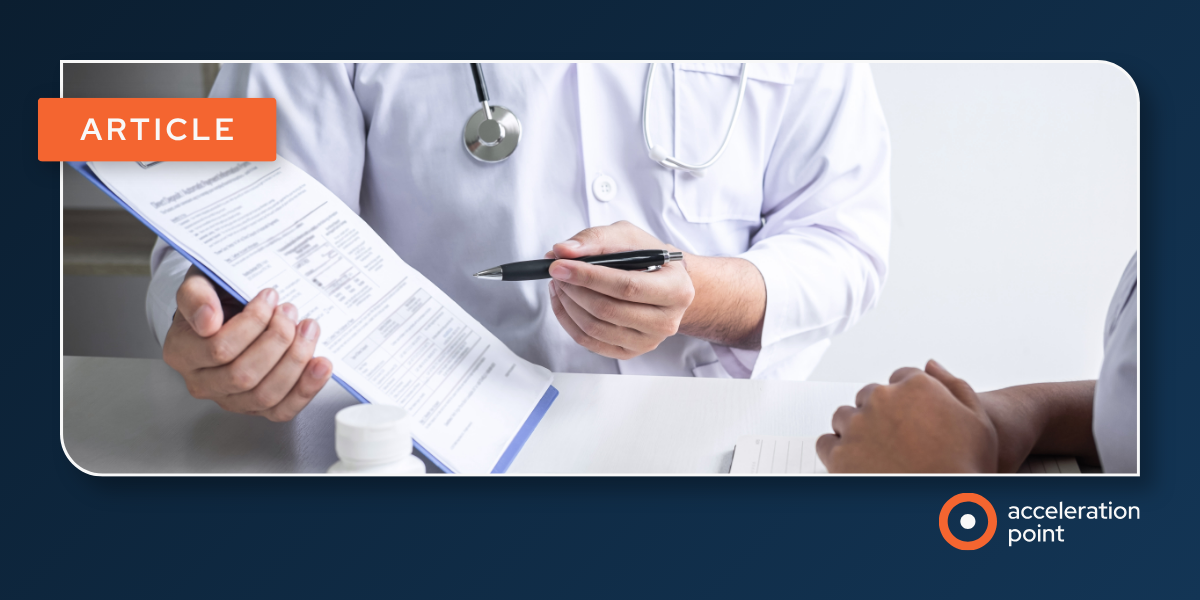 A physician in a white coat reviews documents with a patient across a desk, framing Digital Opinion Leader engagement for Medical Affairs teams.