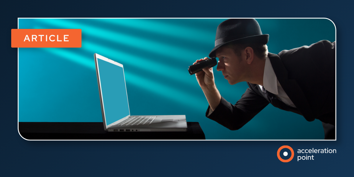 A figure in a suit peers through a spyglass at a laptop, representing social listening used to track competitor activity at medical congresses.