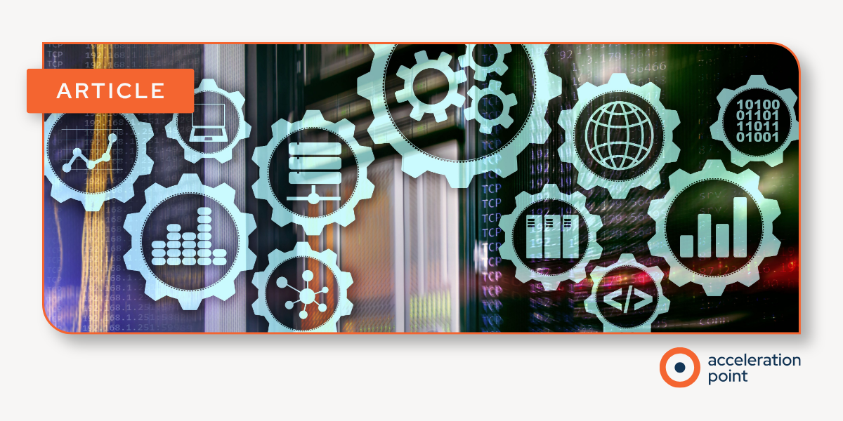 Interconnected gears carrying data, network, and analytics icons over a server-room background, representing the systems and workflows Medical Affairs teams rely on to turn field data into medical insights.