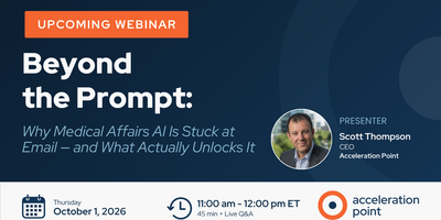 Headshot of Scott Thompson on a navy branded webinar graphic promoting a session on unlocking AI in Medical Affairs beyond prompt training.