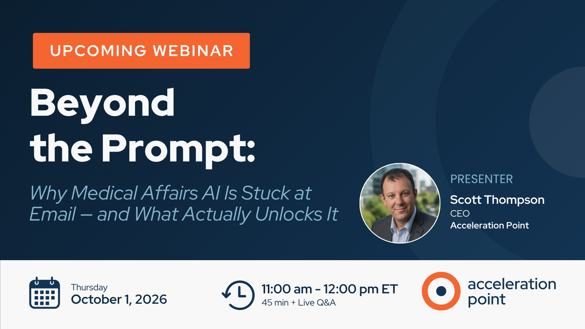 Headshot of Scott Thompson on a navy branded webinar graphic promoting a session on unlocking AI in Medical Affairs beyond prompt training.