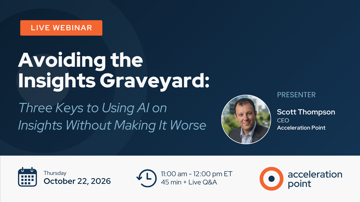 A live webinar graphic features Scott Thompson, CEO of Acceleration Point, previewing his session on using AI on Medical Affairs insights.