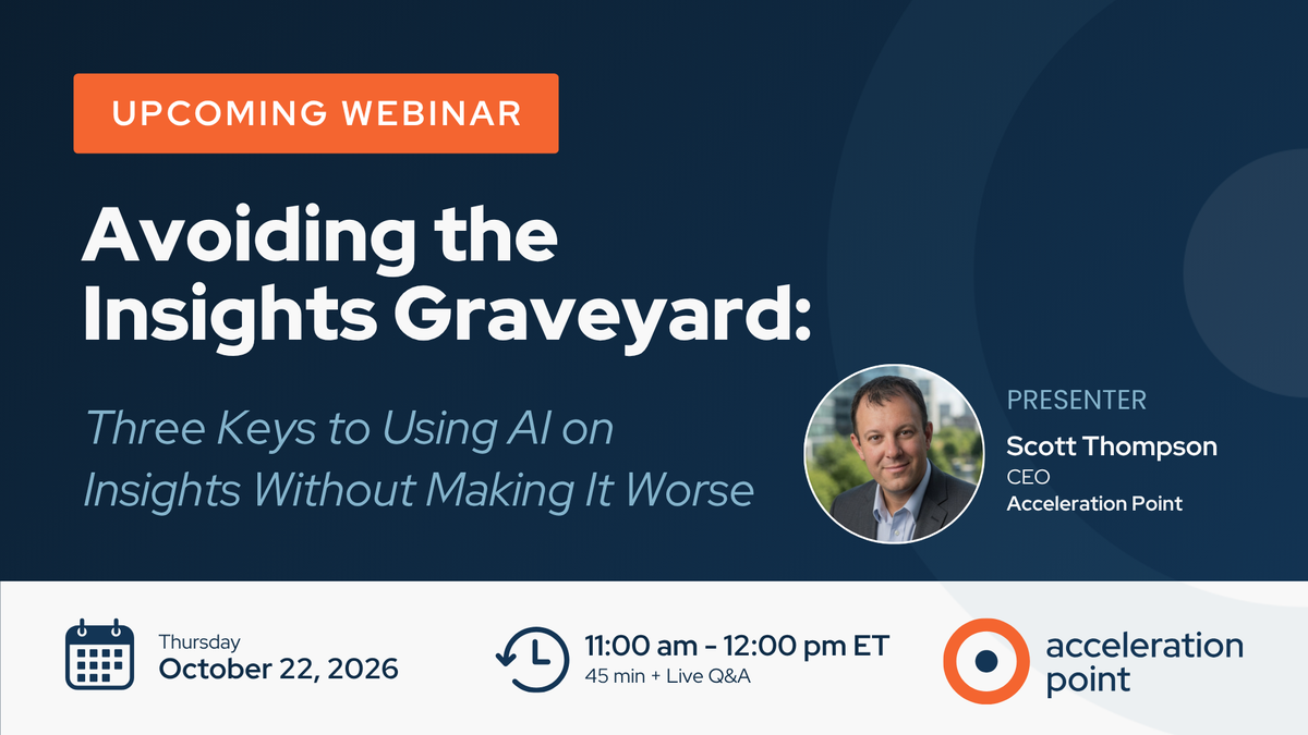 Scott Thompson's headshot appears on a navy upcoming-webinar graphic promoting an Oct 22 AI on insights session.