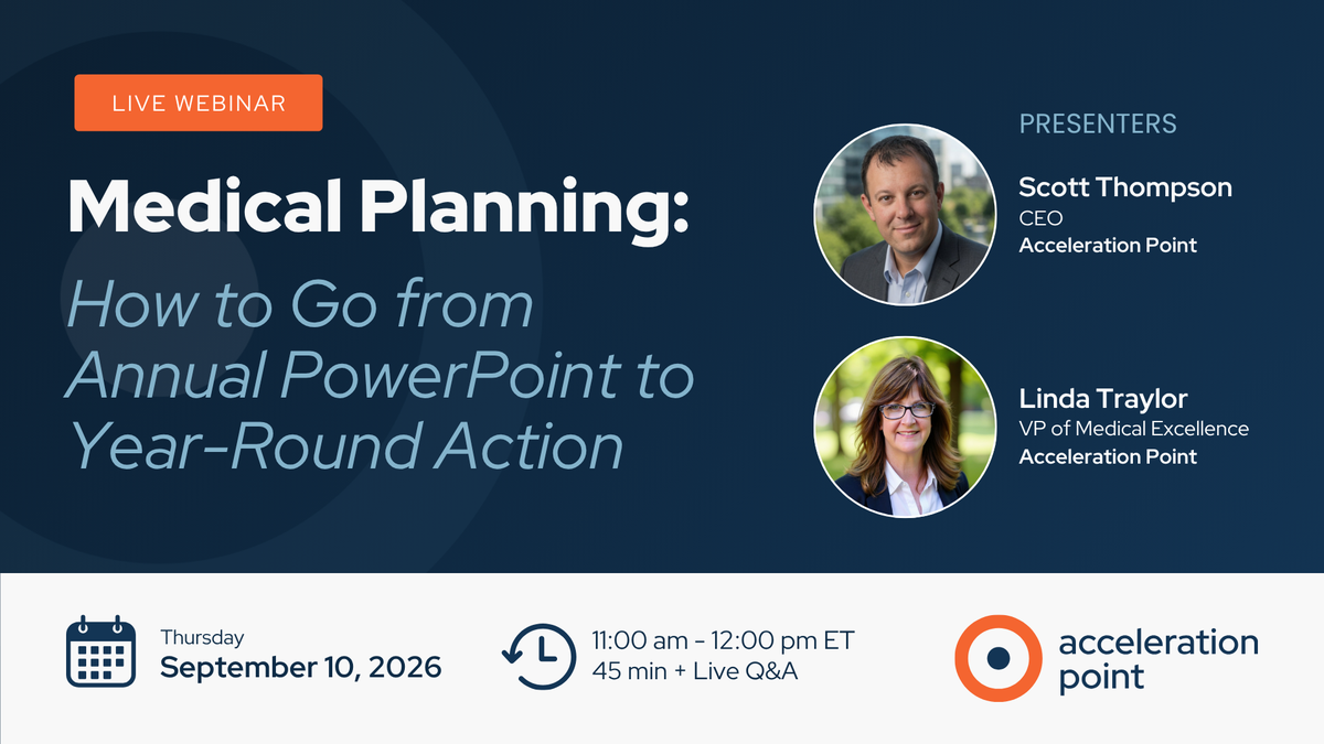 Headshots of Scott Thompson and Linda Traylor on a navy branded webinar graphic promoting practical, year-round medical planning strategy.