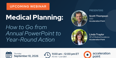 Headshots of Scott Thompson and Linda Traylor on a navy branded webinar graphic promoting practical, year-round medical planning strategy.