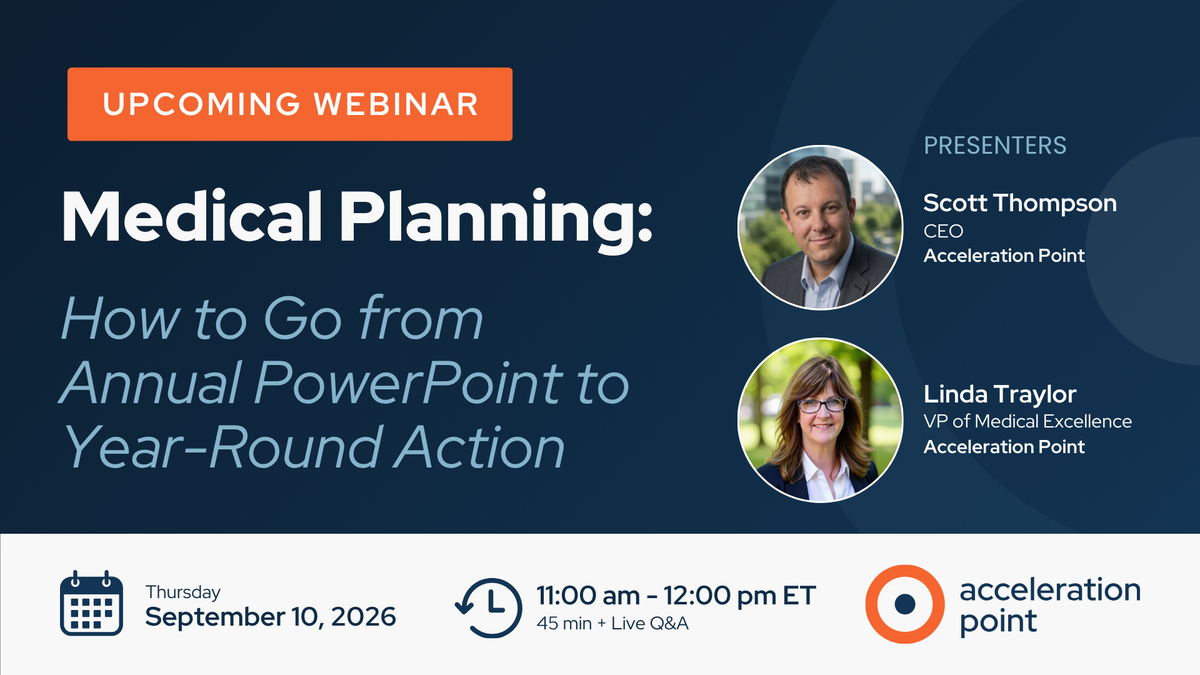Headshots of Scott Thompson and Linda Traylor on a navy branded webinar graphic promoting practical, year-round medical planning strategy.