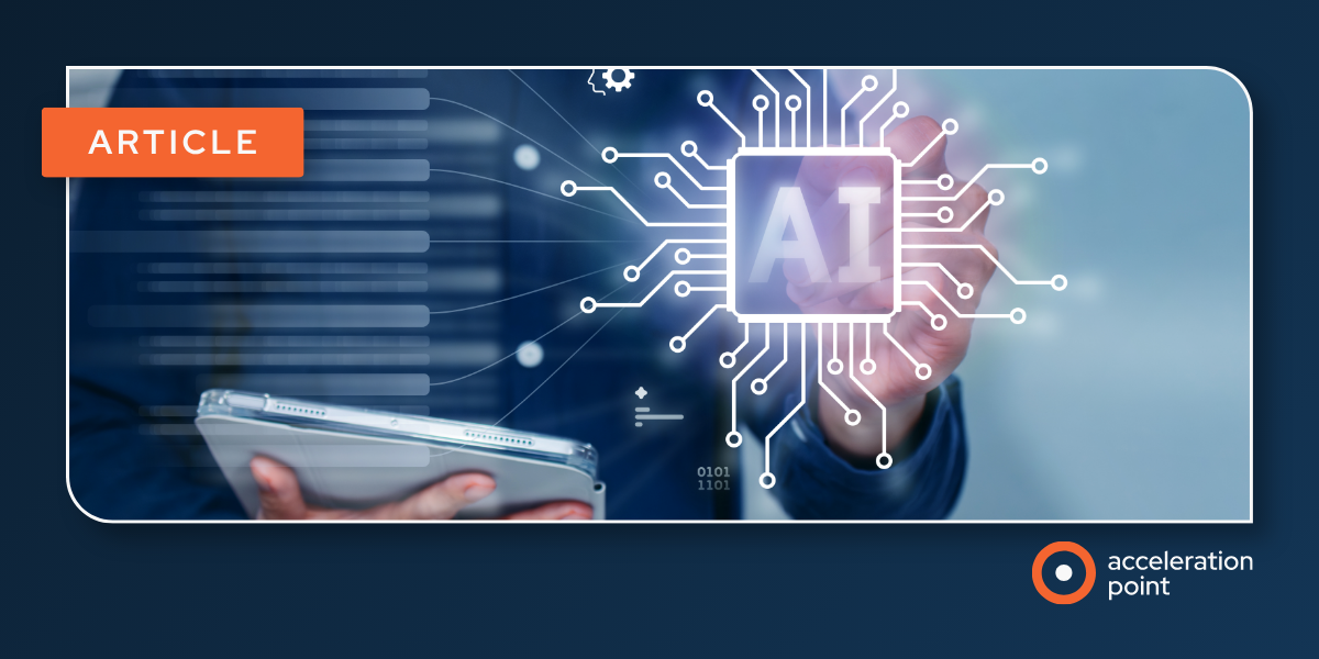 A hand activates a glowing AI chip linked to a data tablet, representing AI processing of Medical Affairs field insights.