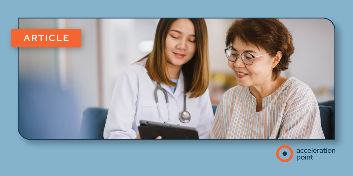A physician shows a tablet screen to an older patient during a consultation, representing the kind of direct patient dialogue that complements social listening data on rare disease experiences like Cushing's Syndrome.